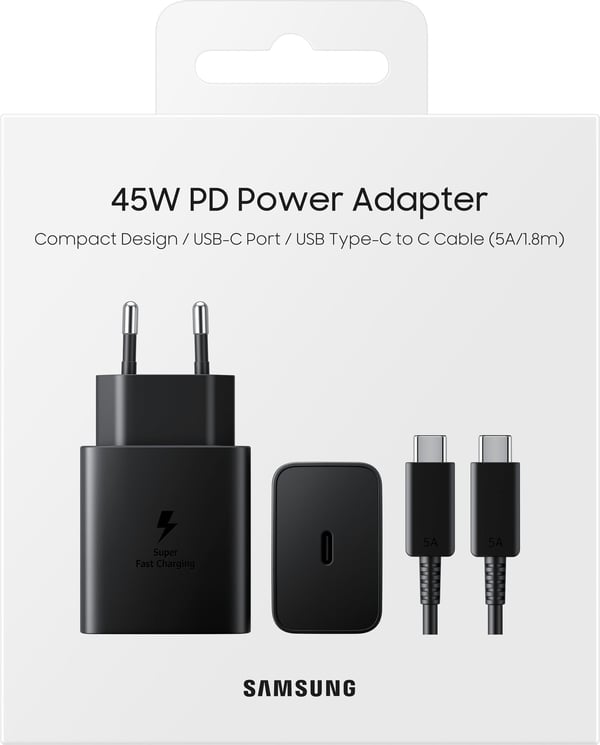 Samsung 45 W hurtigoplader, med USBCkabel, sort.