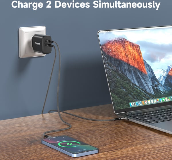 FoneKit GaN PD 65W laddare, USB-C + USB-C, svart