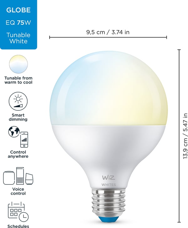 WiZ smartlampe globe, E27, globlampe - hvide lysfarver, Wi-Fi, 2700-6500 K, 1055 lm
