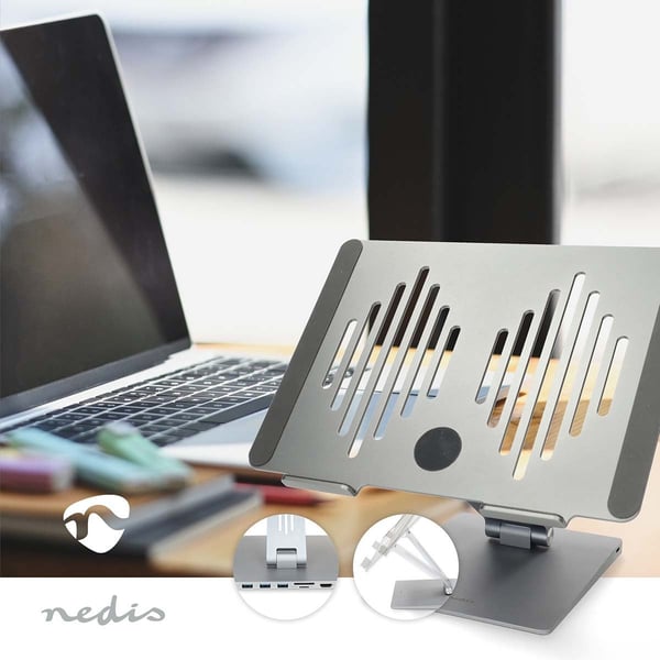 Nedis bärbar datorställ med USB-hubb, silver