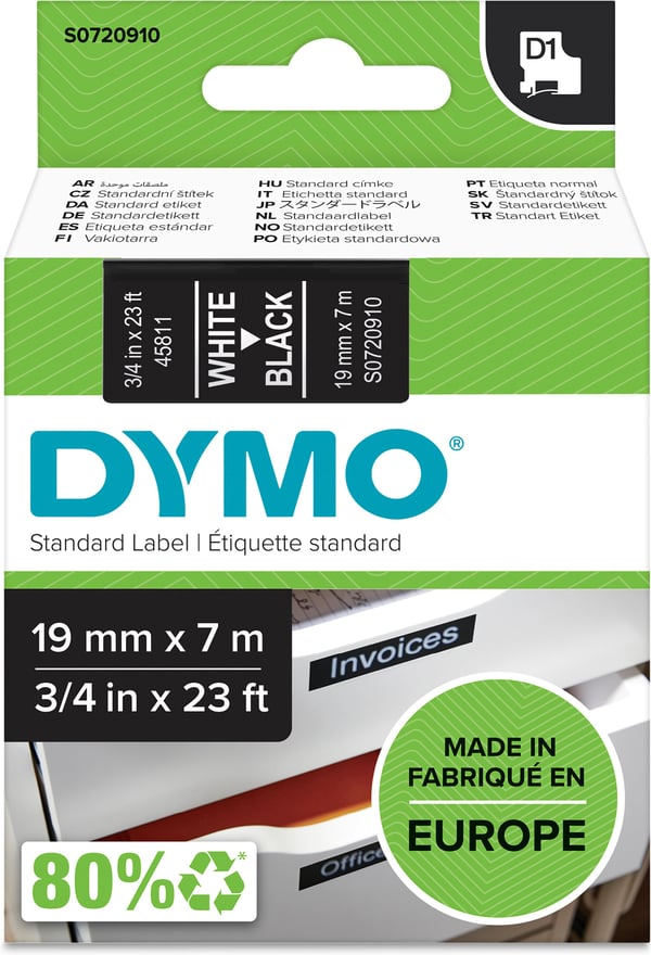 Dymo D1 -tejp 19 mm x 7 m, vit med svart botten