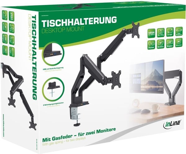 InLine Double -monitorarm för två monitorer, USB 3.0, svart