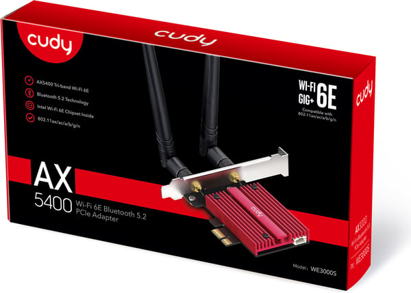 Cudy WE3000S Tri-band PCI-E-WiFi 6-adapter och Bluetooth 5.2-adapter