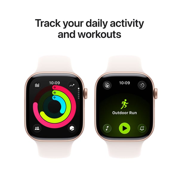 Apple Watch Series 11 (GPS) 46 mm roseguldfärgad aluminiumhölje och sportarmband i rött, M/L
