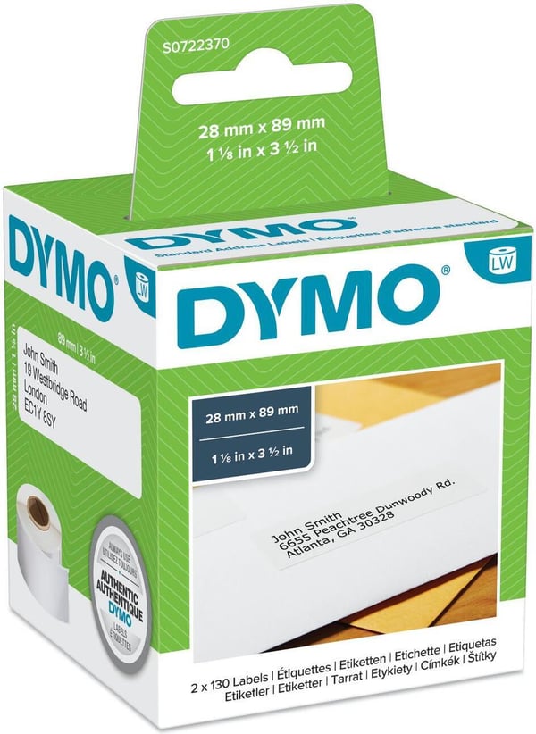 Dymo LabelWriter -adressetikett 89 x 28 mm, 2 x 130 etiketter, vit
