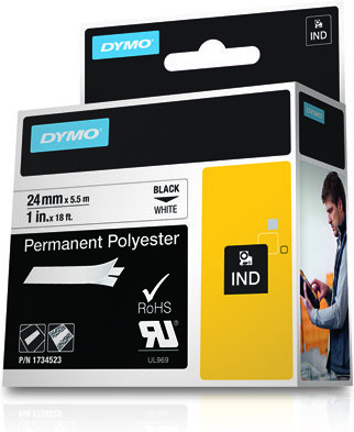 Dymo Rhino Industrial -permanent polyestertejp 24 mm x 5,5 m, svart med vit bakgrund