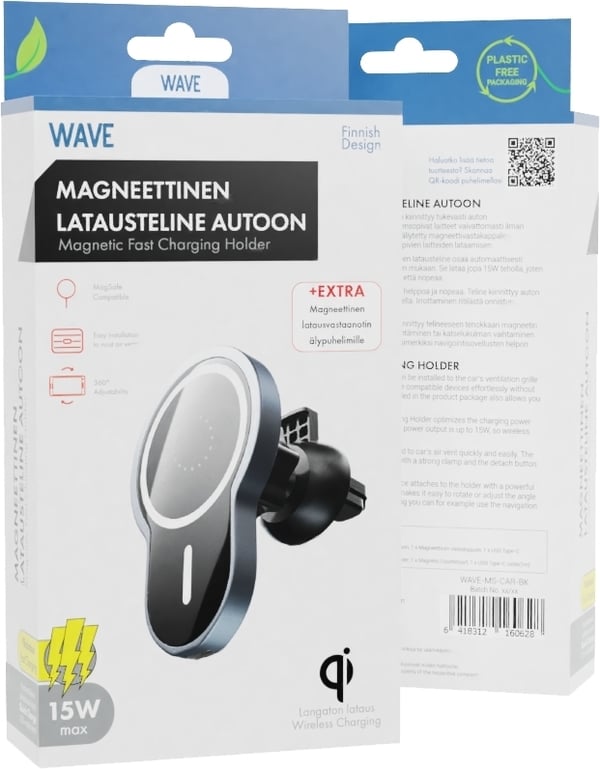 Wave magnetiskt Qi laddningsställ för bil, svart