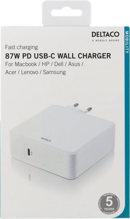 Deltaco USBC-AC117 87 W -strømforsyning, USB-C PD, hvid