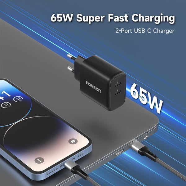 FoneKit GaN PD 65W laddare, USB-C + USB-C, svart