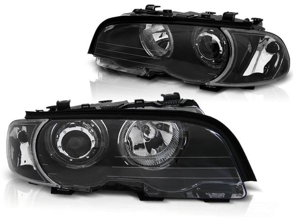 Forlygter dual halo felger BMW E46 04 99-03 03 COUPE CABRIO ANGEL EYES LED SORT