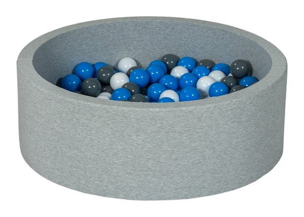 Pallomeri 90 cm, jossa 150 palloa valkoisena, sinisenä ja harmaana