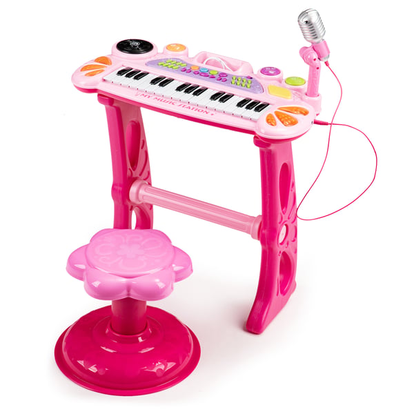 Børnetastatur med MP3-mikrofon og skammel - Pink
