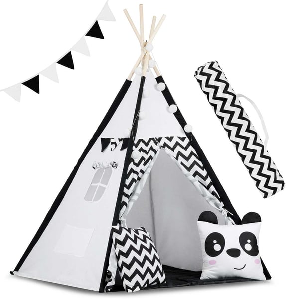Tipi telt - Legetelt - Sort og hvid - med puder og lys
