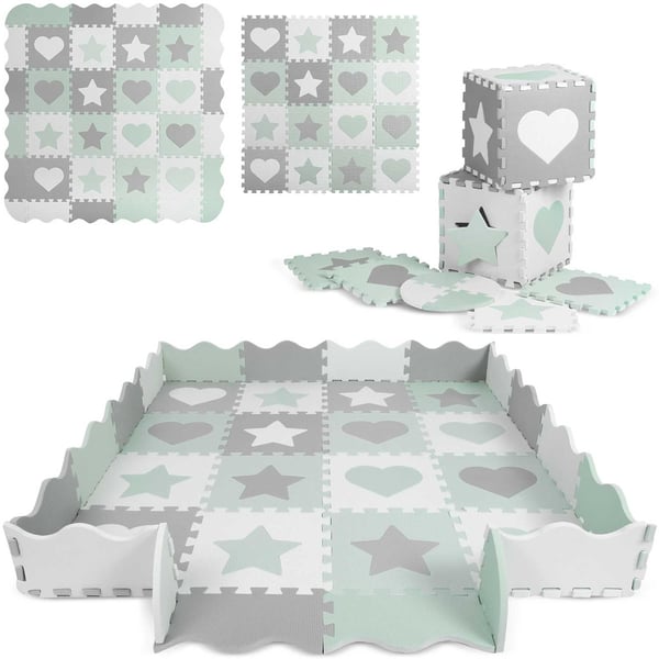 Legetæppe til baby - Skum puslespilsmåtte - 150x150cm - grå-mint