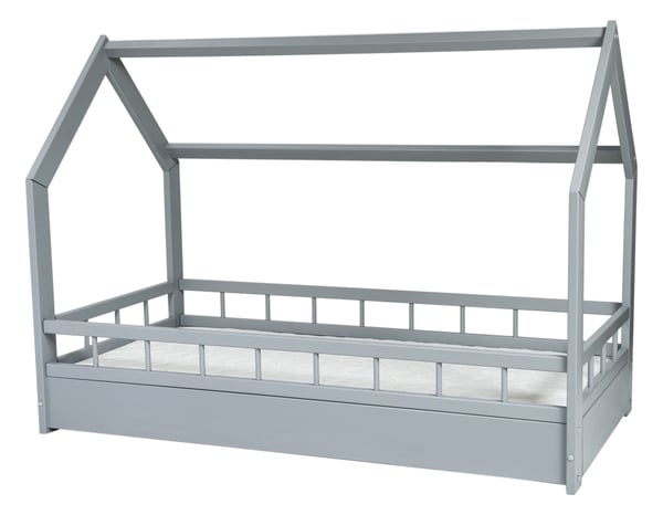 Træ børneseng - husseng - inkl. ECO madras - 160x80 - med barrierer - grå