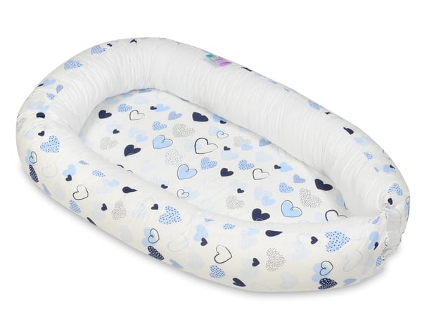 Babynest - babynest - 0-8 måneder - 100% bomuld - 82x54cm - blå hjerter - hvid