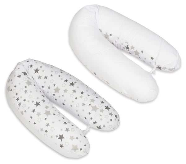 Ammepude - Graviditetspude - 100% bomuld - med snore - 145 cm - hvid/grå stjerner på hvid - hvid