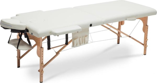 Træ massagebord XXL - 2 segmenter - justerbart - creme - 223 cm langt