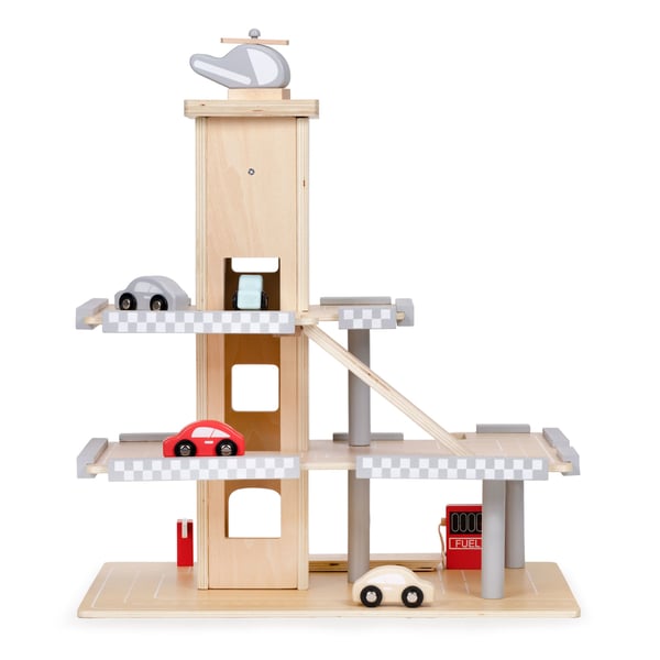 Legetøjsgarage - træ - med elevator og køretøjer - 43x29,5x44cm
