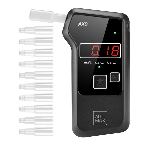 Alkoholtester AX9 - med 10 mundstykker - 0-2‰ - LCD-display