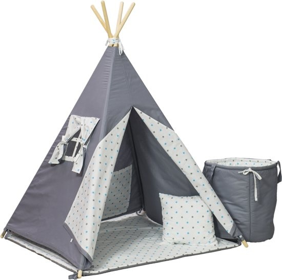 Wigwam tipi telt - 5 dele - 100% bomuld - grå og turkise stjerner