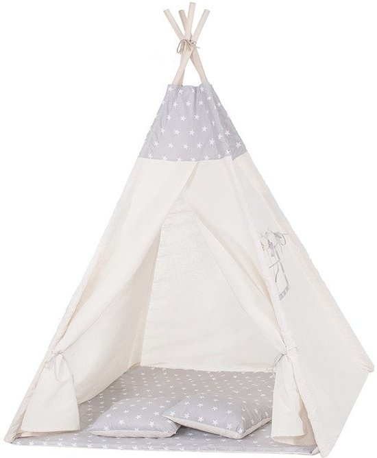 Tipi telt til børn Wigwam - beige med grå - 100% bomuld - 160x120x100 cm - inkl. 2 puder
