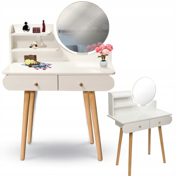 Toilettabord - rundt spejl - make-up bord - 80x40x122 cm - hvid