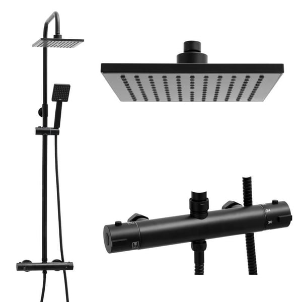 Brusesæt sort - med regnbruserhoved 20cm - og termostatarmatur Brusesæt sort - med regnbruserhoved 20cm - og termostatarmatur