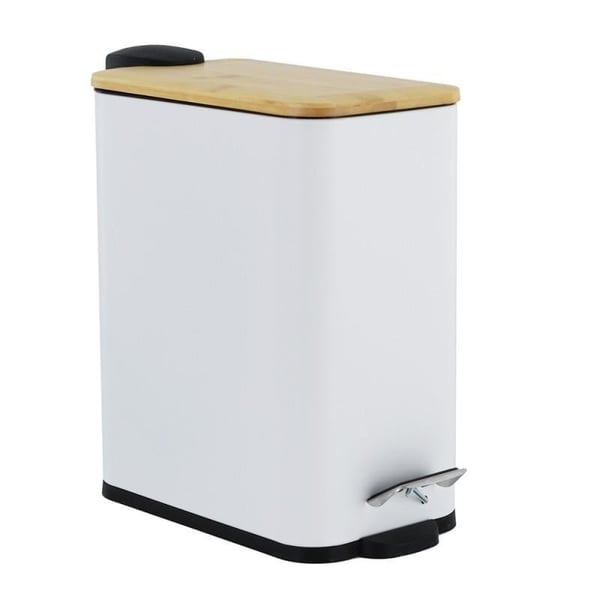 Stilren Vit Pedalpapperskorg med Bambulock - 5L, Hållbar Stål- & Plastbas, Modern Matt Finish