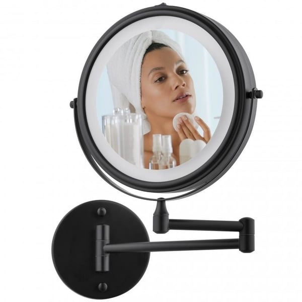 Makeupspejl med lys - sort - rundt 20 cm - med fleksibel arm