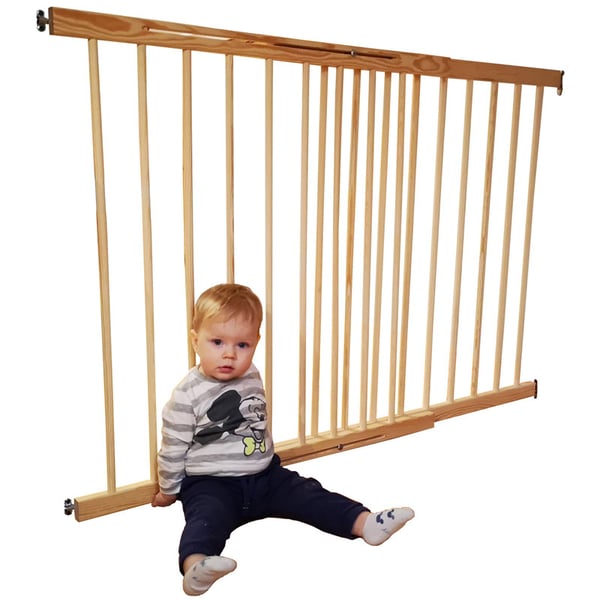 Stilfuldt justerbart træbabygitter til trapper - 72-122 cm bredde, 92 cm højde, Premium Fyr