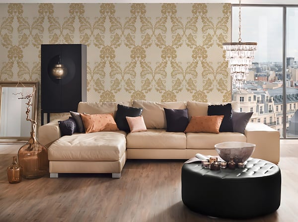 Ikke-vævet tapet ornament Profhome 305442-gu lidt tekstureret mat färg gylden creme 5,23 m2