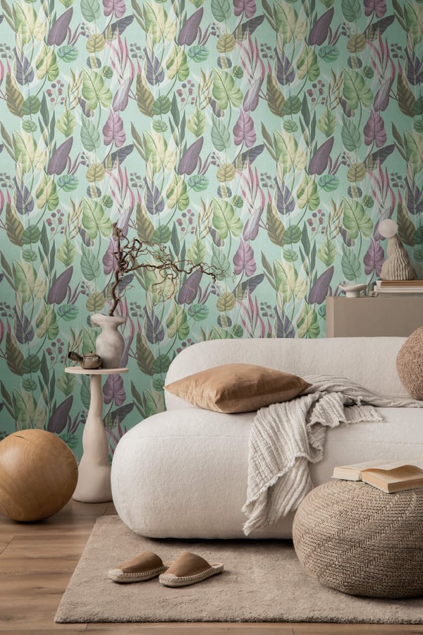Natur tapet Profhome 782194-GU varmt stemplet ikke-vævet tapet glat blomster mat turkis violet grøn beige brun 5,33 m2