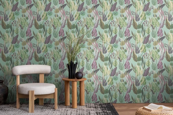 Natur tapet Profhome 782194-GU varmt stemplet ikke-vævet tapet glat blomster mat turkis violet grøn beige brun 5,33 m2