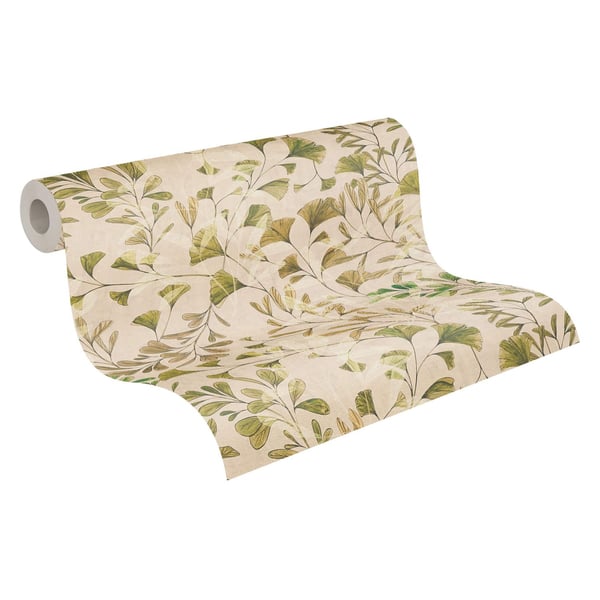 Natur tapet Profhome 782233-GU varmt stemplet ikke-vævet tapet glat blomster mat fløde grøn beige hvid beige brun 5,33 m2