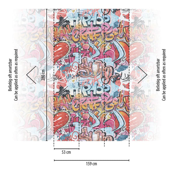 Foto tapet Profhome 770631-GU ikke-vævet tapet glat graffiti mat rød blå gulorange hvid 1,59 m x 2,8 m