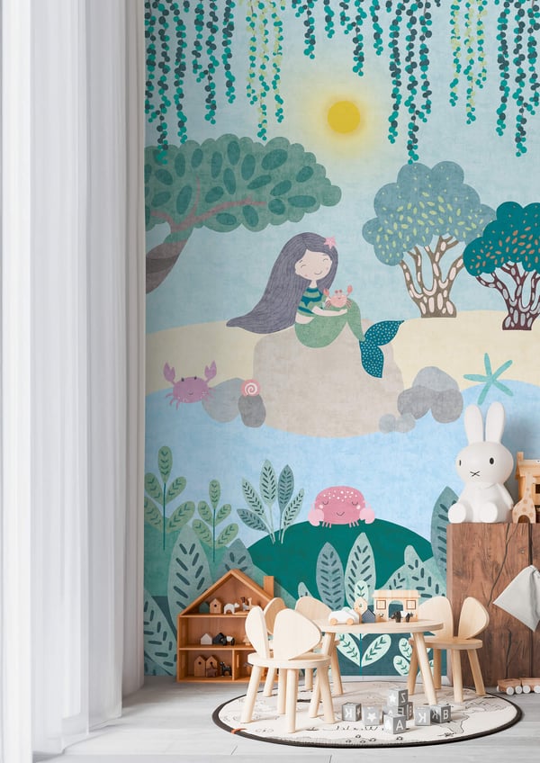 Foto tapet Profhome 770671-GU ikke-vævet tapet glat børnetapet mat blå  pastel turkis grøn brun beige 1,59 m x 2,8 m