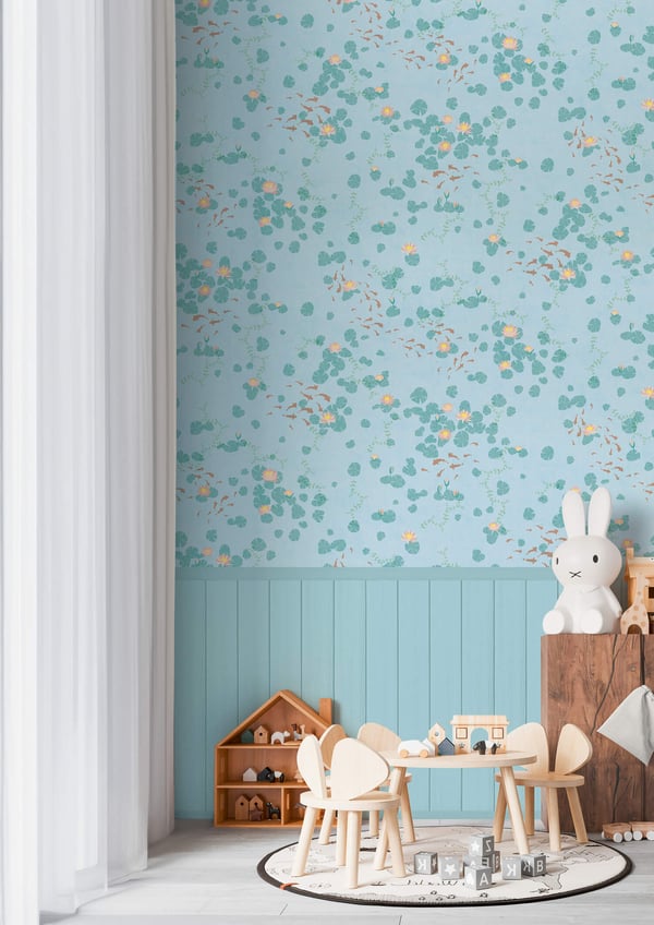 Foto tapet Profhome 770731-GU ikke-vævet tapet glat børnetapet mat blå  pastel turkis grøn brun beige 1,59 m x 2,8 m
