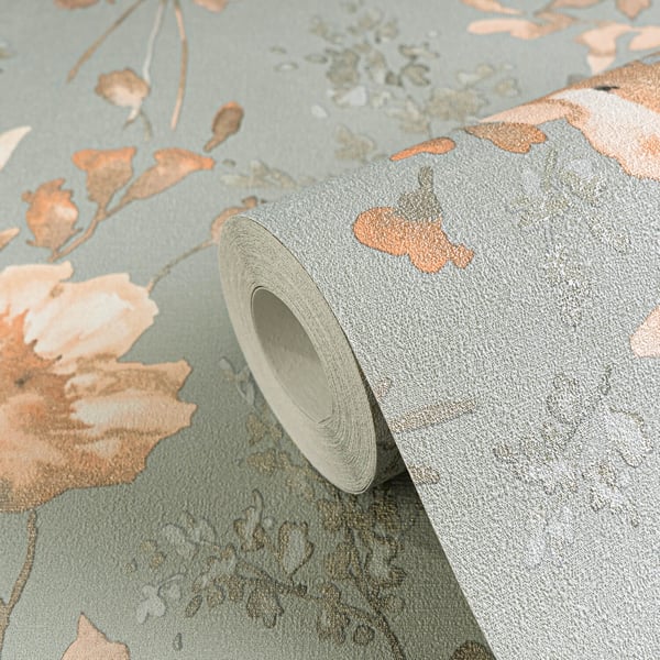 Blomstret tapet Profhome 790616-GU varmt stemplet ikke-vævet tapet lidt tekstureret blomster og metallisk effekt blå pink laks perle beige blågrå 5,3