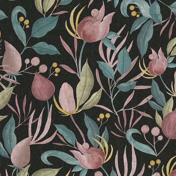 Blomstret tapet Profhome 790622-GU varmt stemplet ikke-vævet tapet lidt tekstureret blomster mat sort støvet pink pastel blå oliven gul 5,33 m2