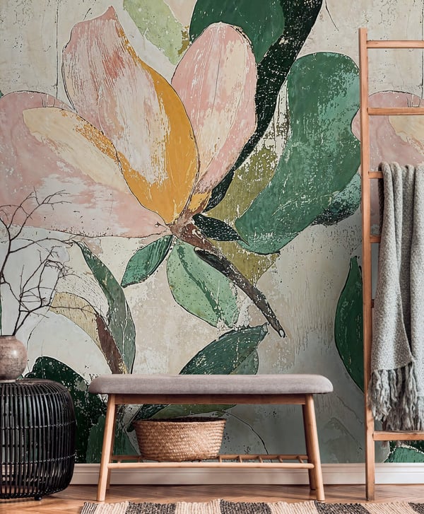 Foto tapet Profhome 791443-GU varmt stemplet ikke-vævet tapet lidt tekstureret blomster mat grøn creme beige lyserød 1,59 m x 2,8 m