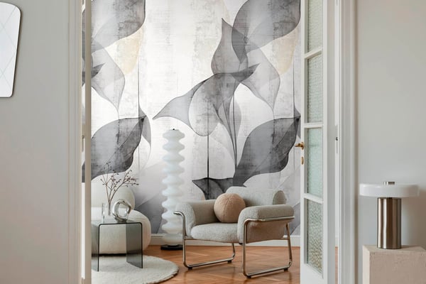 Foto tapet Profhome 791449-GU varmt stemplet ikke-vævet tapet lidt tekstureret blomster mat grå hvid beige 1,59 m x 2,8 m