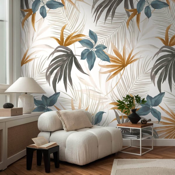 Fototapet Profhome 791451-GU heta präglade non-woven tapet lätt texturerad blomster matt grädde teal brun grå orange gul 1,59 m x 2,8 m