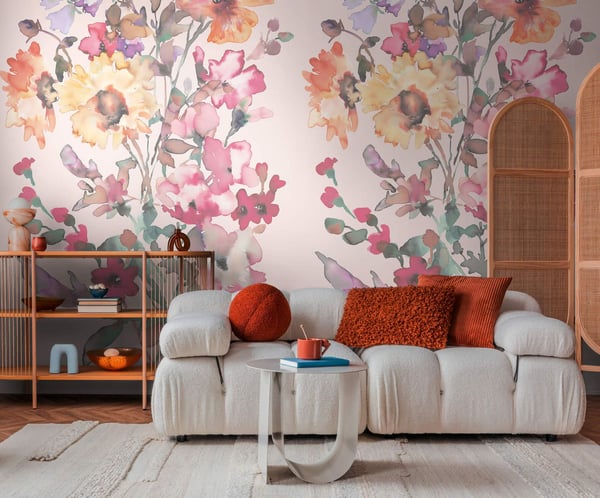 Foto tapet Profhome 791453-GU varmt stemplet ikke-vævet tapet lidt tekstureret blomstret mat lyserød pastel gul grøn purpur 1,59 m x 2,8 m