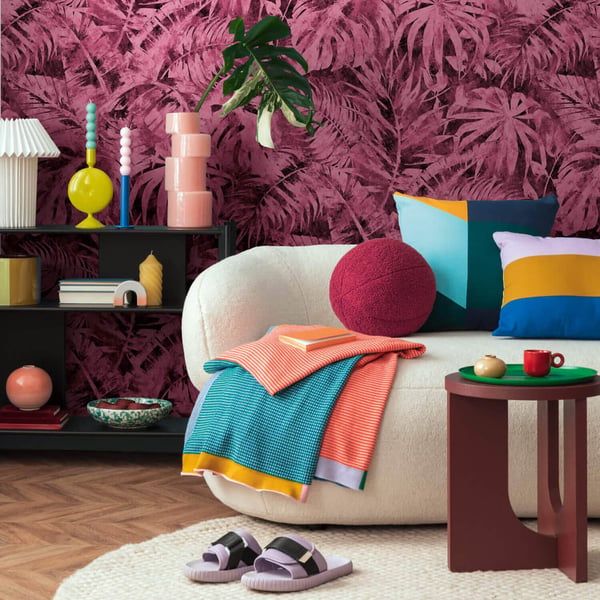 Foto tapet Profhome 791458-GU varmt stemplet ikke-vævet tapet lidt tekstureret palme mat lyserød magenta sort bordeaux violet 1,59 m x 2,8 m