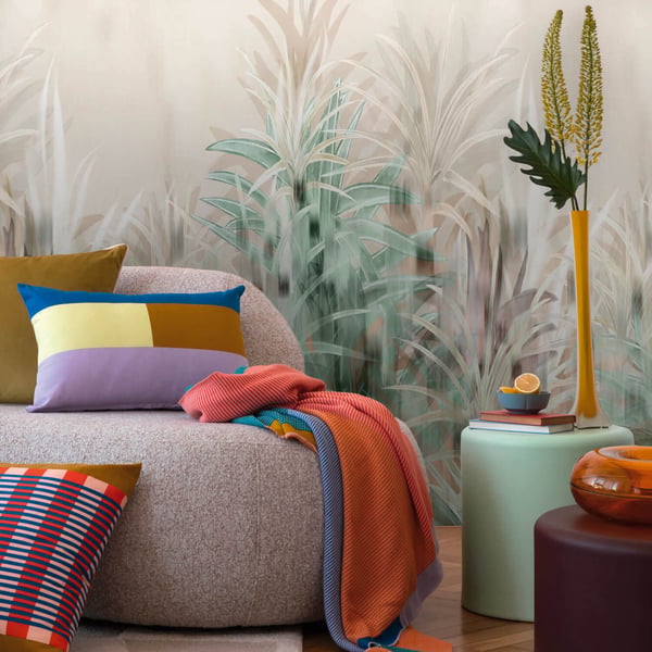 Fototapet Profhome 791459-GU heta präglade non-woven tapet lätt texturerad palmer matt beige grädde grön silk grå 1,59 m x 2,8 m
