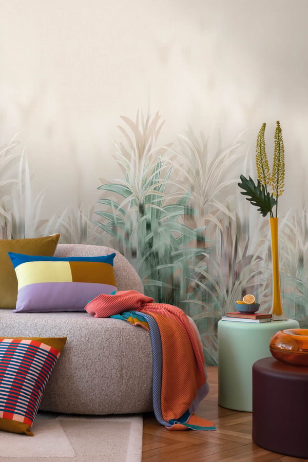 Foto tapet Profhome 791459-GU varmt stemplet ikke-vævet tapet lidt tekstureret palme mat beige creme grøn grå silke 1,59 m x 2,8 m