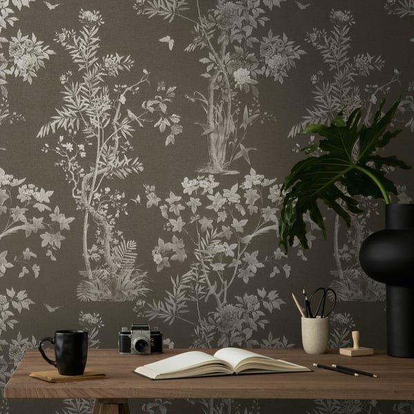 Blomstret tapet Profhome 790436-GU varmt stemplet ikke-vævet tapet lidt tekstureret blomster mat antracit sort brun grå kvarts 5,33 m2