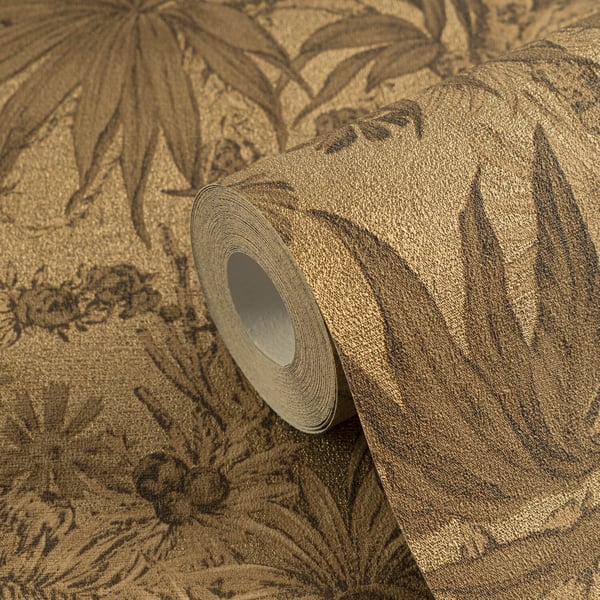 Eksklusiv luksus tapet Profhome 790472-GU varmt stemplet ikke-vævet tapet lidt tekstureret blomster og metallisk effekt gylden grå beige grønbrun 5,33