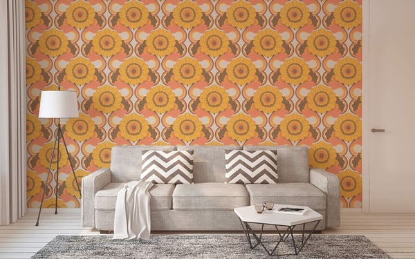 Retro tapet Profhome 395304-GU varmt stemplet ikke-vævet tapet lidt tekstureret blomstret mat orange brunrød honninggul creme 4,5 m2